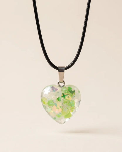 Silver Lime Green Glitter Heart Resin Pendant Necklace