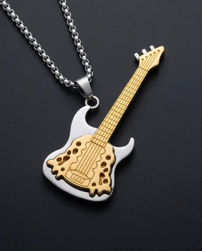 Two-Tone Electric Guitar Pendant Silver Box Chain Necklace