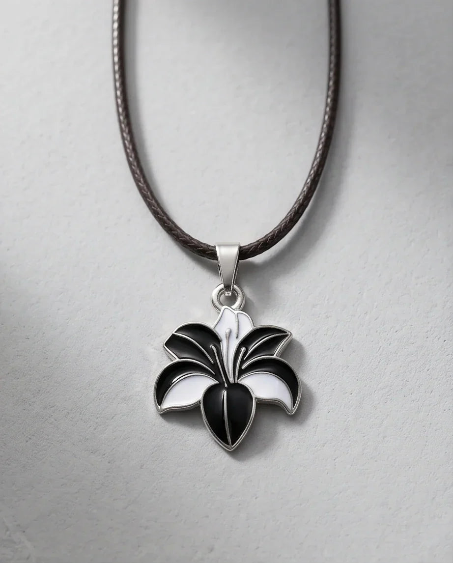 Bold Black and White Lily Enamel Pendant Necklace