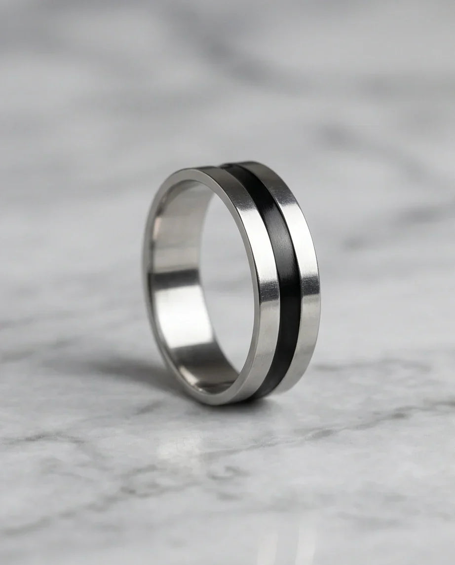 Minimalist Dual-Tone Silver and Black Band Ring