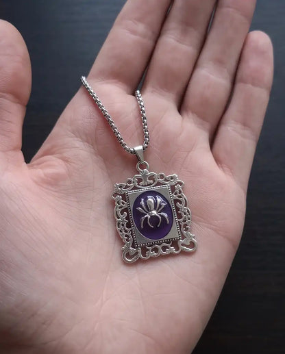 Gothic Purple Enamel Spider Filigree Pendant Box Chain