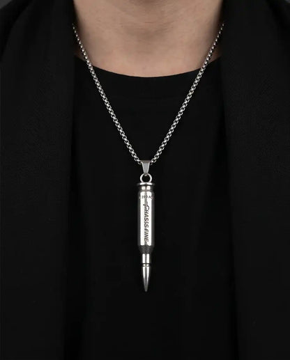 Engraved Bullet Pendant Silver Box Chain Necklace