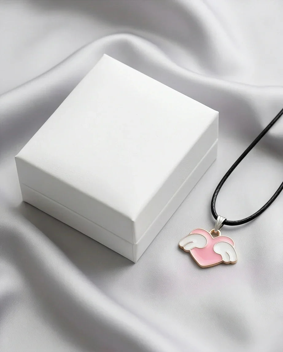 Pink Enamel Angel Winged Heart Pendant Necklace