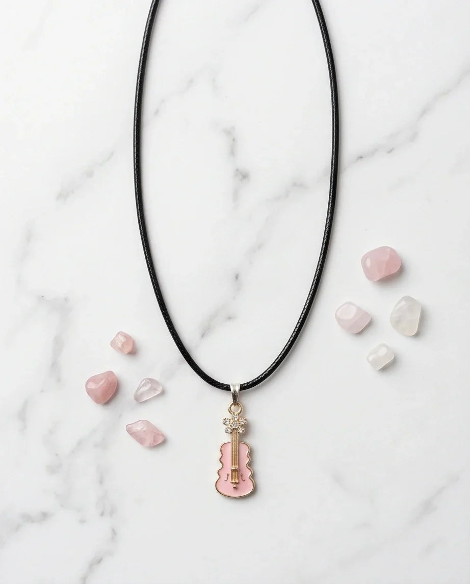Gold and Pink Enamel Violin Necklace