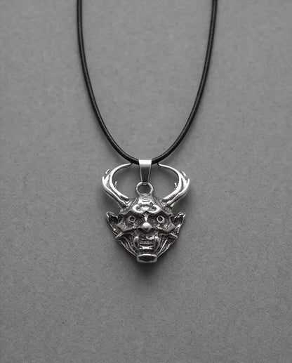 Antiqued Horned Oni Demon Mask Pendant Box Chain