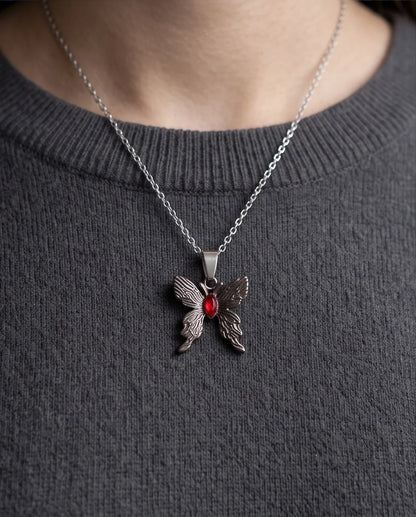 Black Textured Butterfly Red Gem Pendant Necklace