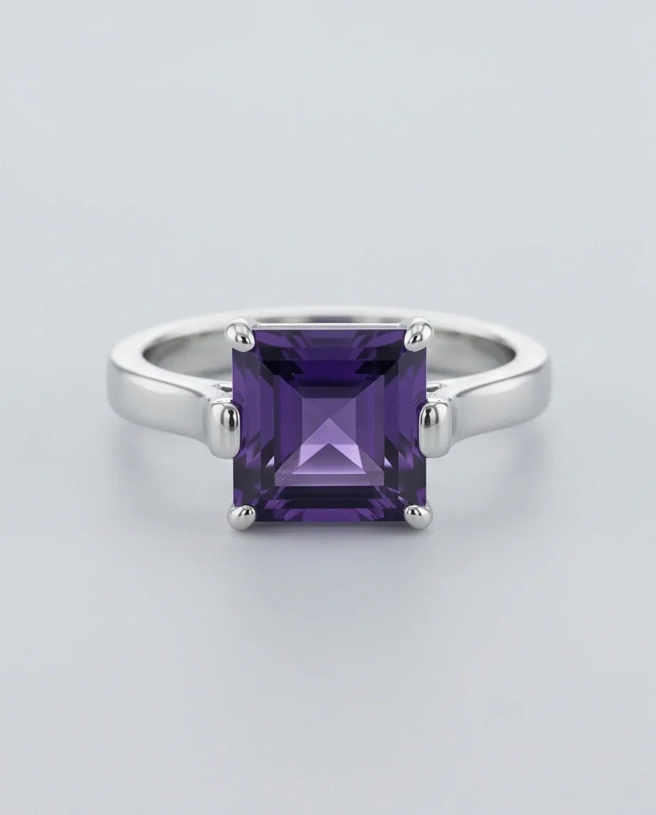 Sterling Silver Deep Amethyst Princess Cut Solitaire Ring