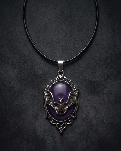 Antique Silver Gothic Bat Purple Enamel Medallion Chain Necklace