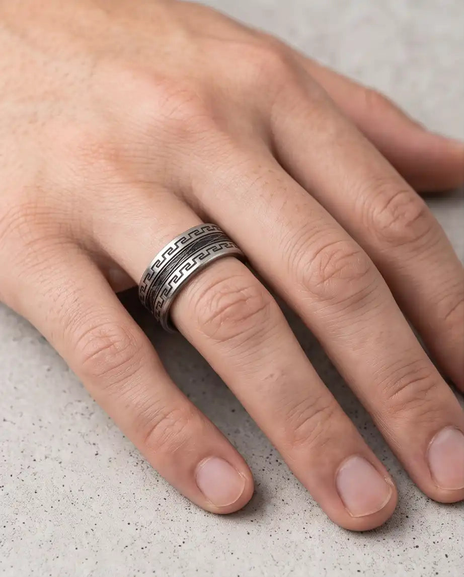Greek Key Meander Texture Band Ring