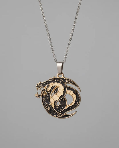 Gold Coiled Dragon Black & White Enamel Pendant Necklace