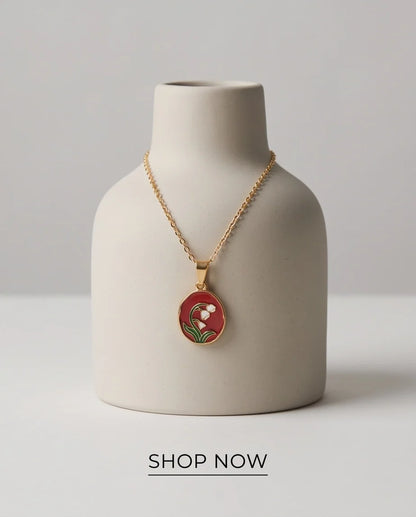 Gold Red Lily of the Valley Enamel Medallion Chain Necklace