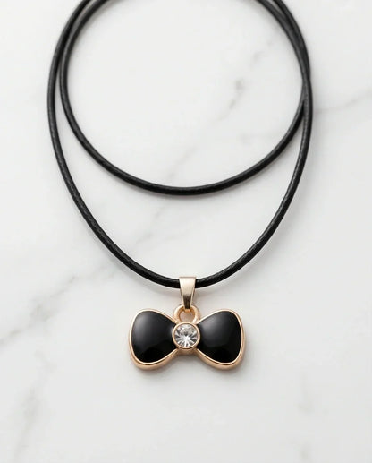 Gold Crystal and Black Bow Necklace