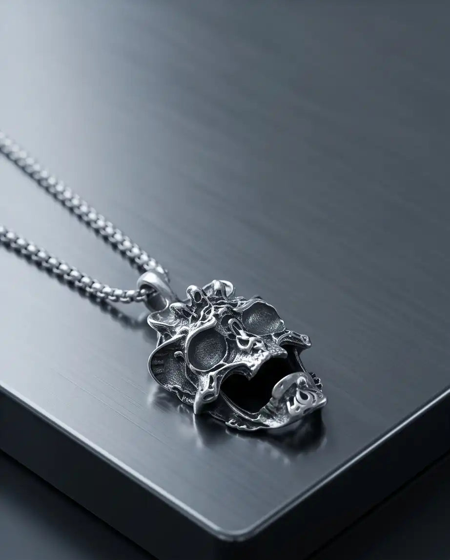 Gothic Screaming Demon Skull Pendant Silver Box Chain Necklace