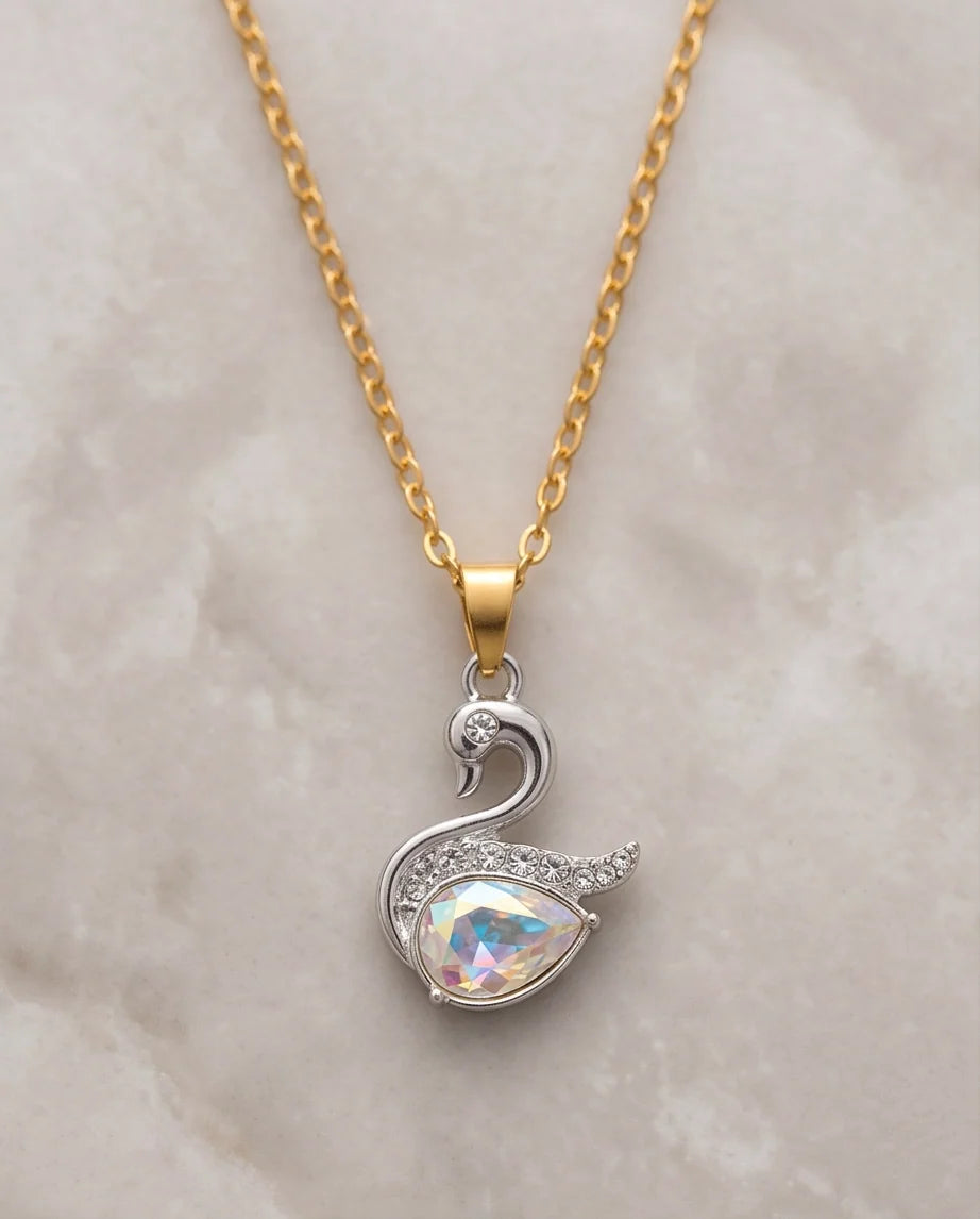 Silver Opaline Crystal Swan Pendant Necklace