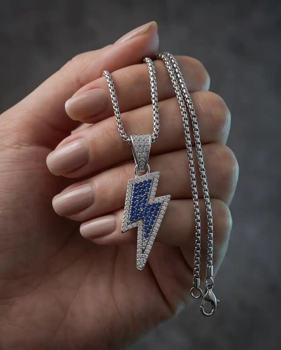 Blue Iced Lightning Bolt Pendant Box Chain