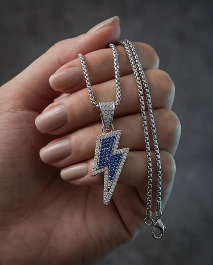 Blue Iced Lightning Bolt Pendant Box Chain
