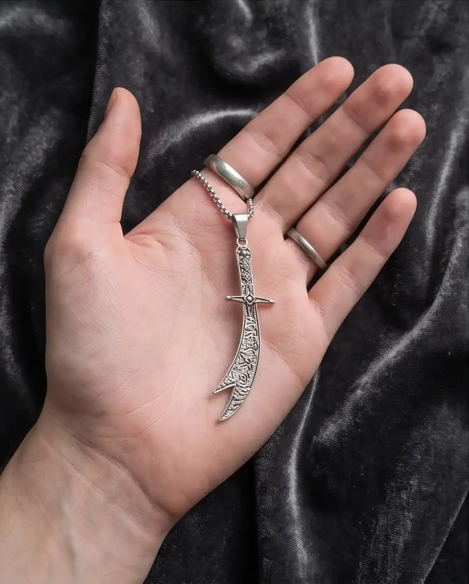 Antiqued Zulfiqar Sword Pendant Silver Box Chain Necklace