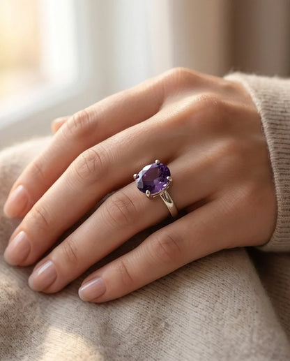Sterling Silver Oval Amethyst Solitaire Ring