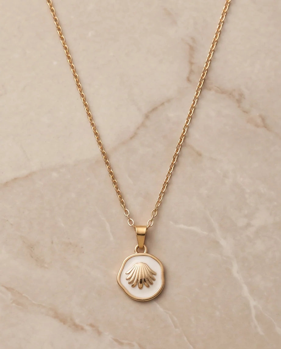 Gold White Enamel Seashell Medallion Pendant Necklace