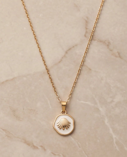 Gold White Enamel Seashell Medallion Pendant Necklace