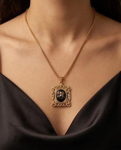 Ornate Golden Spider Filigree Cameo Pendant Box Chain