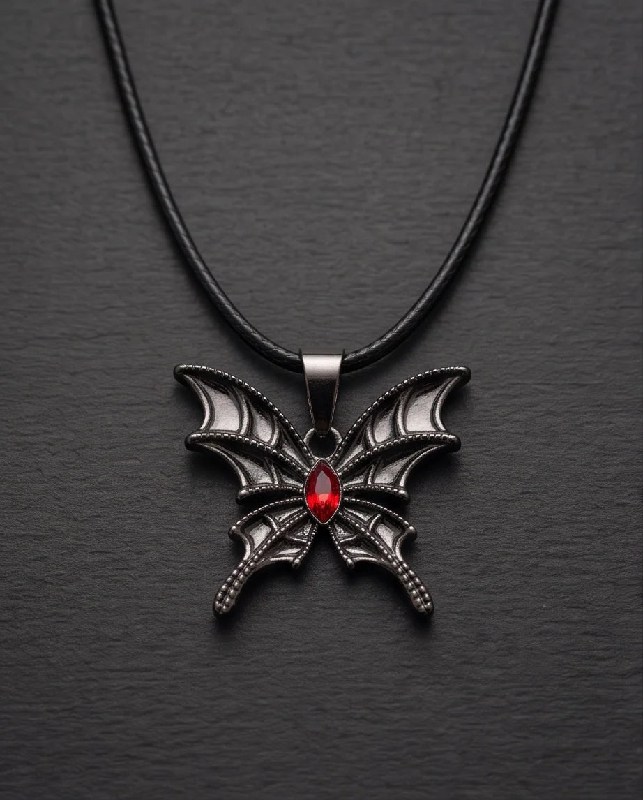 Black Bat-Wing Butterfly Red Gem Pendant Necklace