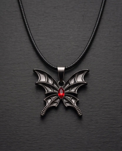 Black Bat-Wing Butterfly Red Gem Pendant Necklace