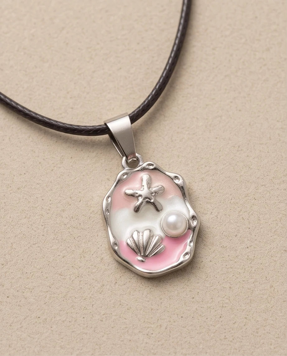Silver Pink Seashell Starfish Pearl Enamel Medallion Chain Necklace