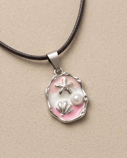 Silver Pink Seashell Starfish Pearl Enamel Medallion Chain Necklace