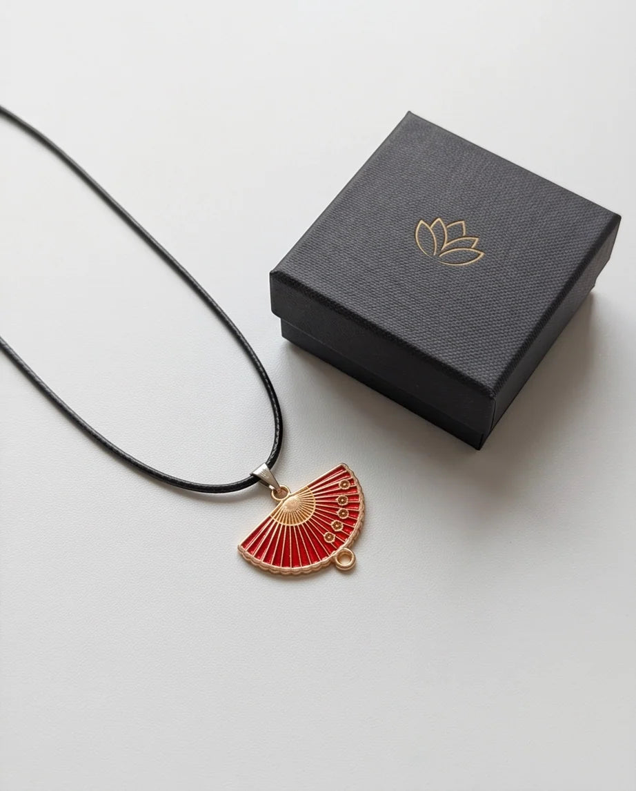 Crimson Sakura Fan Pendant Necklace