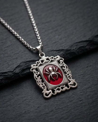 Gothic Red Enamel Spider Filigree Pendant Box Chain