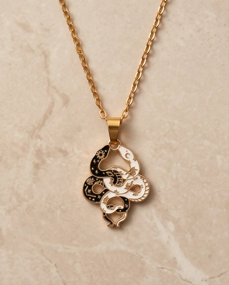 Gold Dual Serpent Celestial Enamel Pendant Necklace