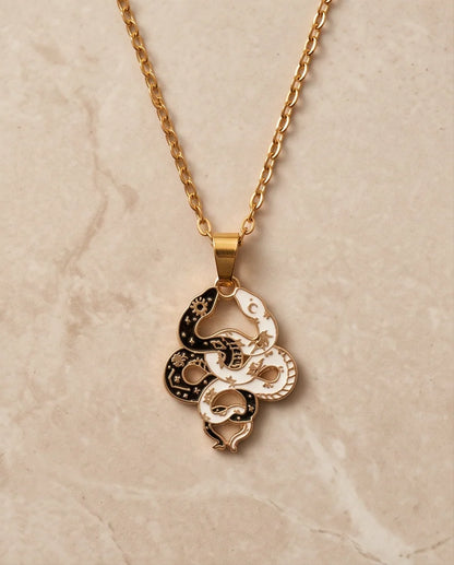 Gold Dual Serpent Celestial Enamel Pendant Necklace