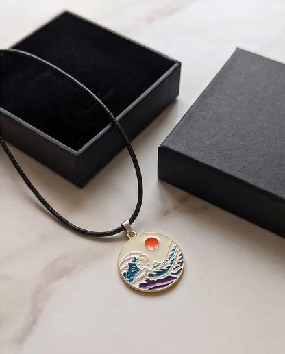 Great Wave & Sun Medallion Pendant Necklace