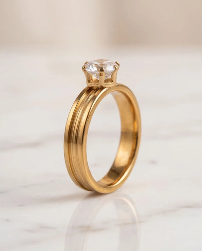 Gold Round Gemstone Grooved Solitaire Ring