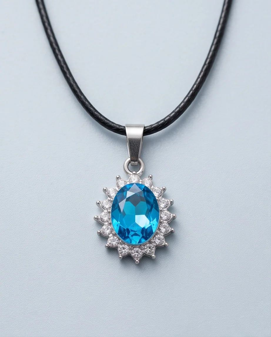 Silver Aquamarine Blue Oval Halo Medallion Pendant Necklace