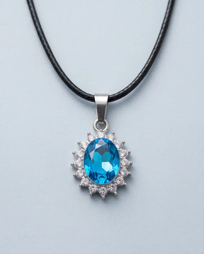 Silver Aquamarine Blue Oval Halo Medallion Pendant Necklace