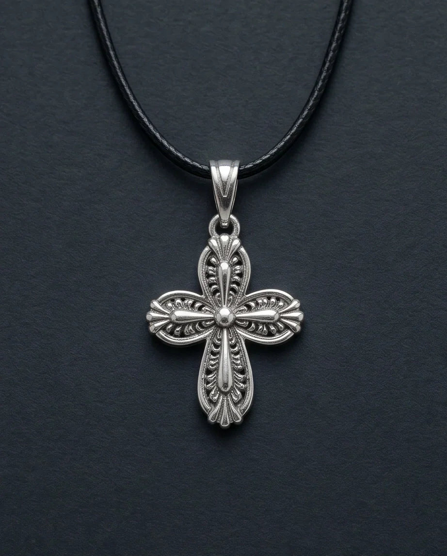 Silver Textured Petal Cross Necklace