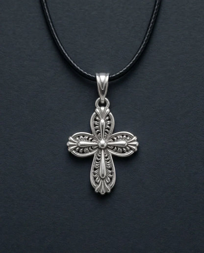 Silver Textured Petal Cross Necklace