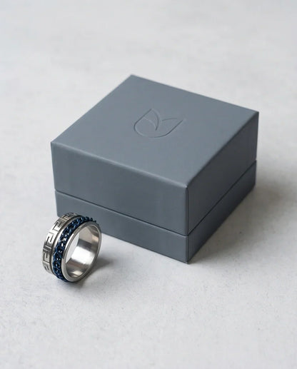 Modern Greek Key Blue Chain Spinner Ring