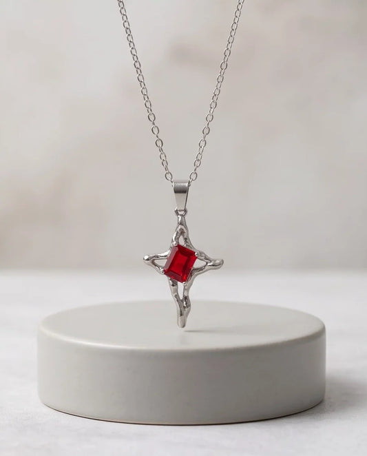 Silver Red Gemstone Gothic Cross Pendant Necklace