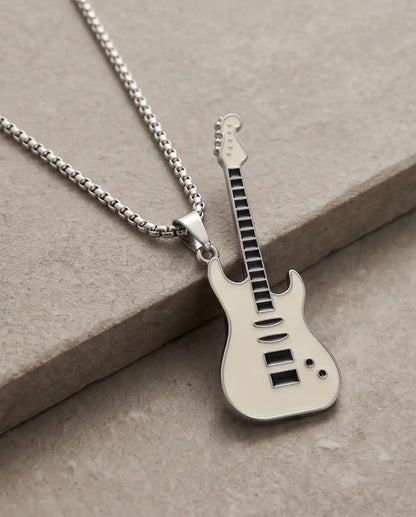 White Enamel Electric Guitar Pendant Silver Box Chain Necklace