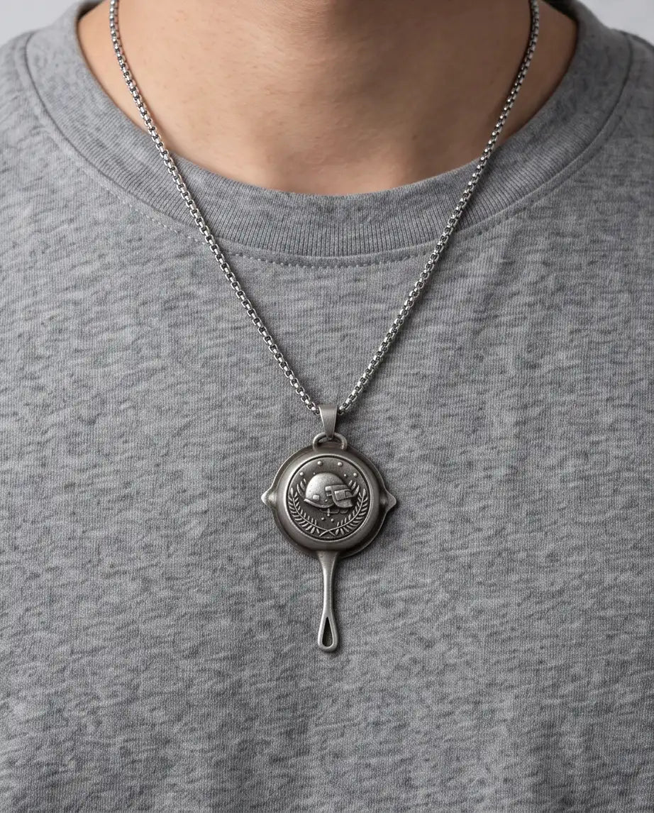 PUBG Frying Pan & Helmet Emblem Silver Box Chain Necklace