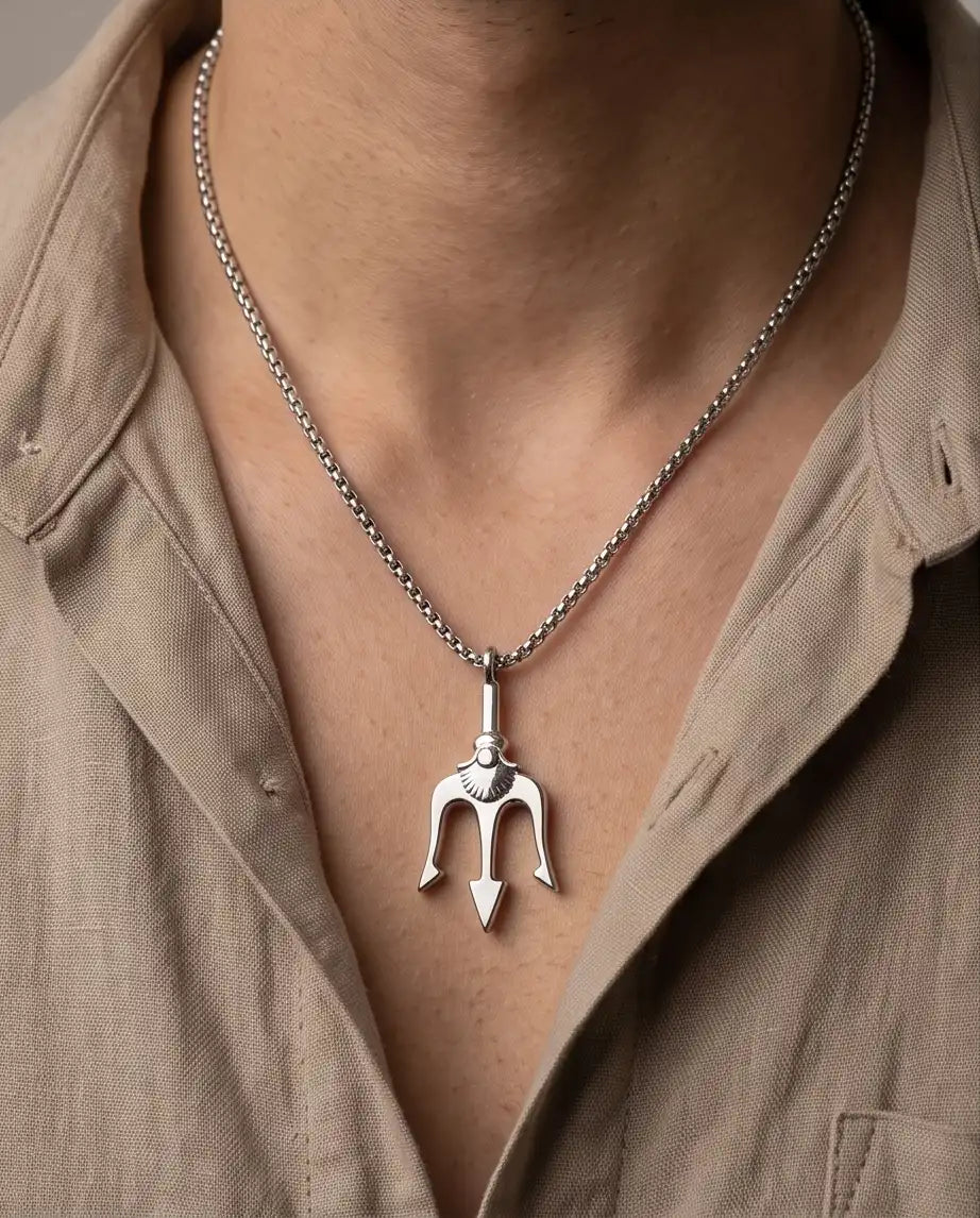 Trident Spear Pendant Silver Box Chain Necklace