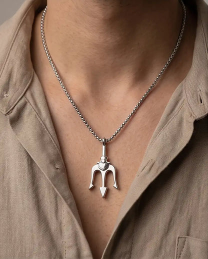 Trident Spear Pendant Silver Box Chain Necklace