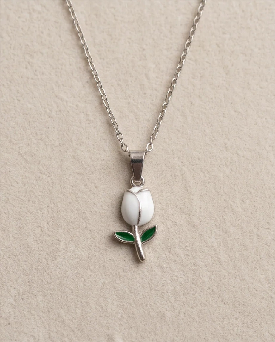Silver White Enamel Tulip Pendant Necklace