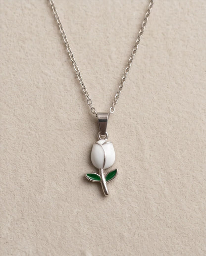 Silver White Enamel Tulip Pendant Necklace