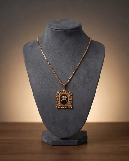 Ornate Golden Spider Filigree Cameo Pendant Box Chain