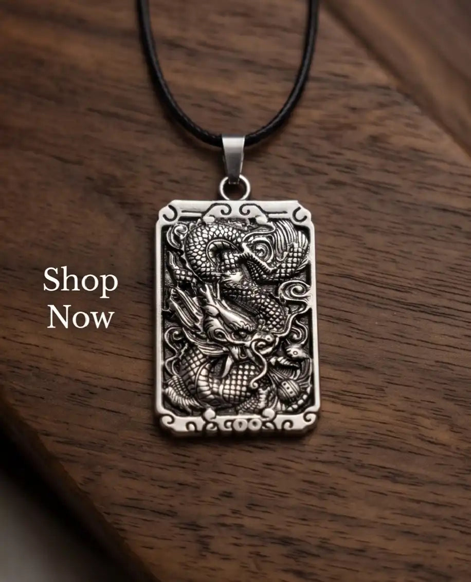 Mythological Dragon Rectangle Dog Tag Pendant Box Chain
