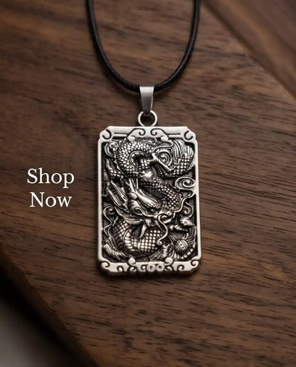 Mythological Dragon Rectangle Dog Tag Pendant Box Chain